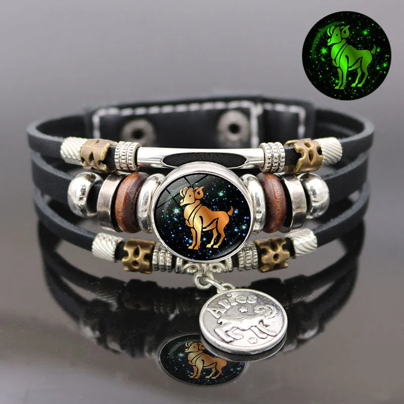 Luminous 12 Constellation Vintage Bracelet for Men Women Braided Punk Leather Bracelets Birthday Gift Glow In The Dark Bracelet - Madeinsea©