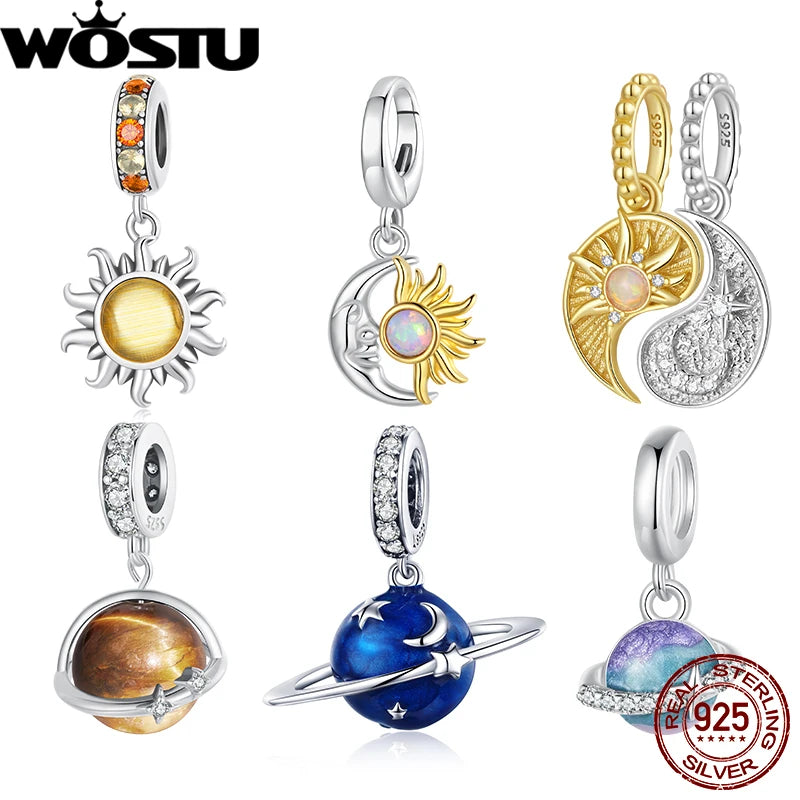 WOSTU 925 Sterling Silver Sun and Moon Charm Pendant White Gold Original Fit for Women Bracelets DIY Birthday Daily Fine Jewelry