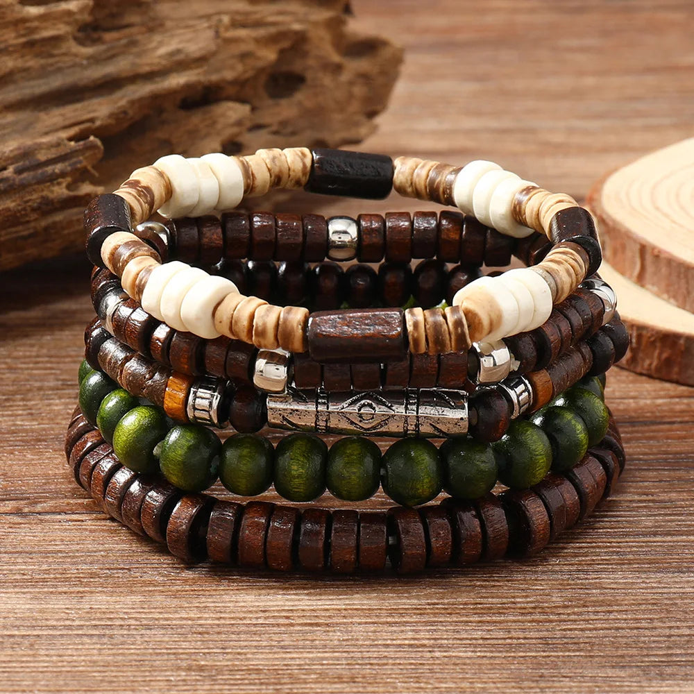 Vintage Cross Multi-Layer Beaded Wooden Beads Men's Bracelet Multi-Piece Set Bracelet