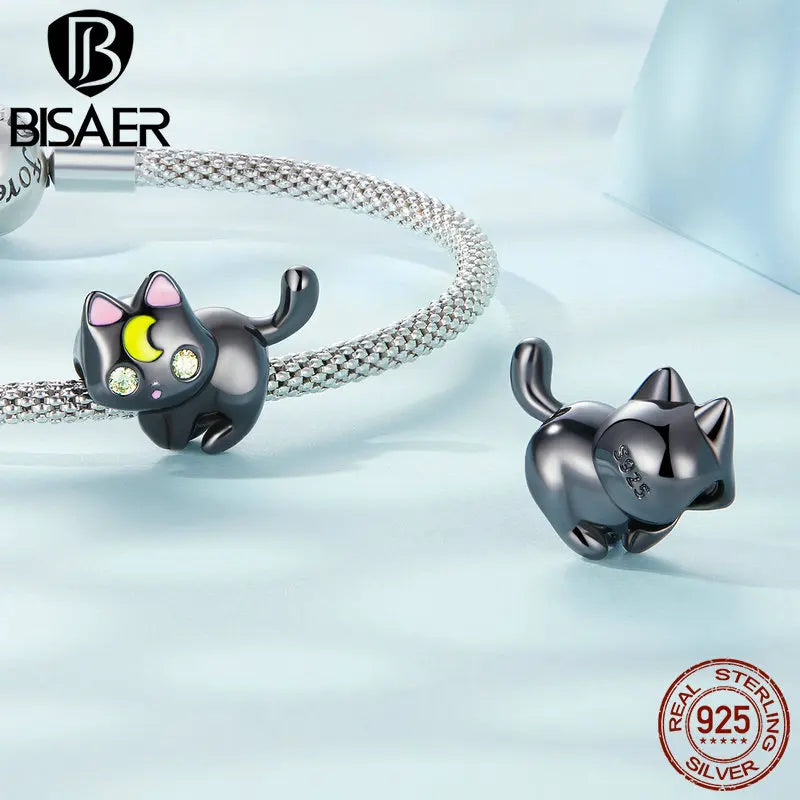 BISAER 925 Sterling Silver Vintage Moon&Cat Charm Plaqué Or Noir Pendentifs Perle Fit Halloween Party DIY Bracelet Bijoux