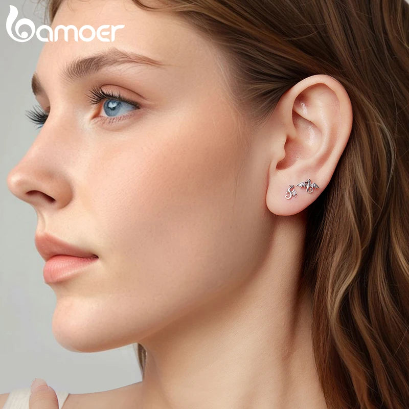 BAMOER Solid 925 Sterling Silver Mini Dragon Stud Earrings Retro Oxidized Earrings for Women Teens Pretty Animal Jewelry Gift