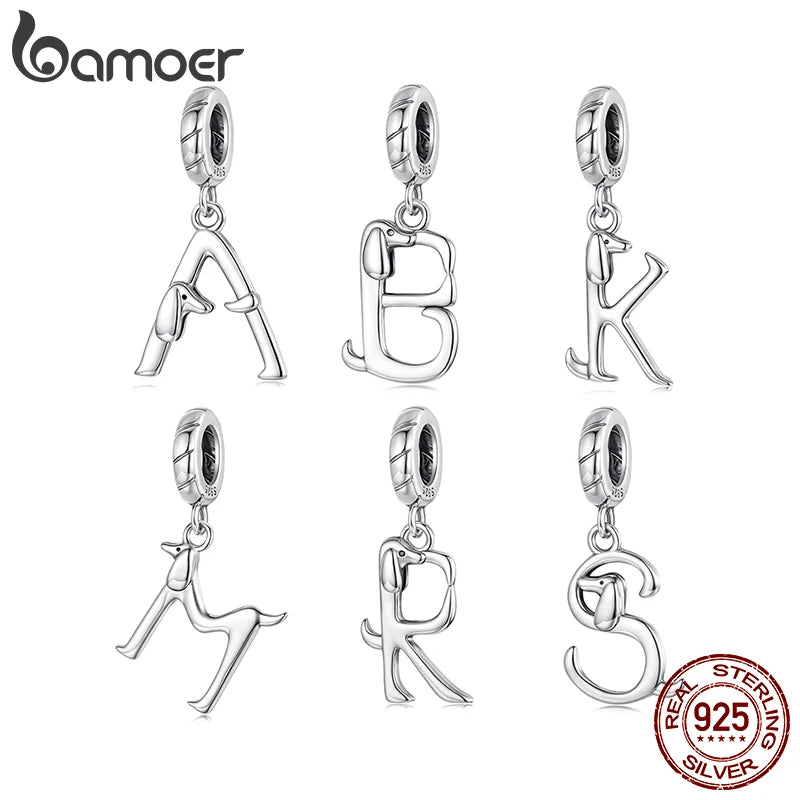 BAMOER Solid 925 Sterling Silver Cute Dachshund Shaped Letter Charm Pendant for Charm Bracelet, Alphabet Initial Beads Jewelry