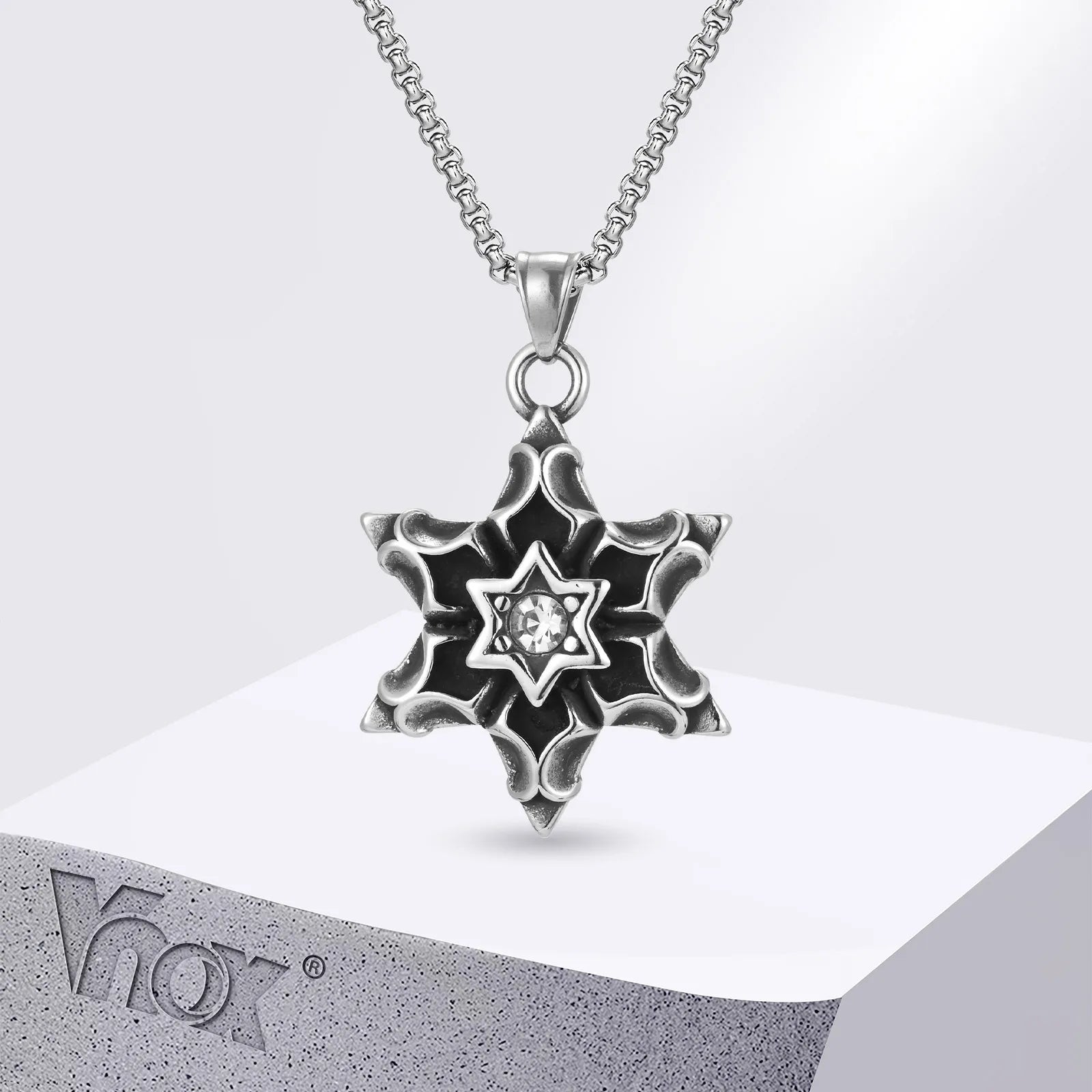 Vnox Hexagram David Star Necklace, Mens Gothic Floral Textured Pendant, Punk Thick Bold Heavy Male Accessory