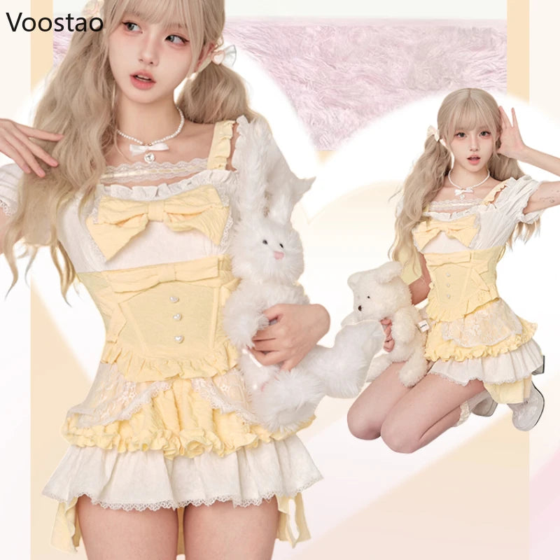 Sweet Lolita Style Skirt Set Women Kawaii Lace Ruffles Bow Slim Blouse Cute Mini Cake Skirts Suits Female Korean Y2k 2 Piece Set