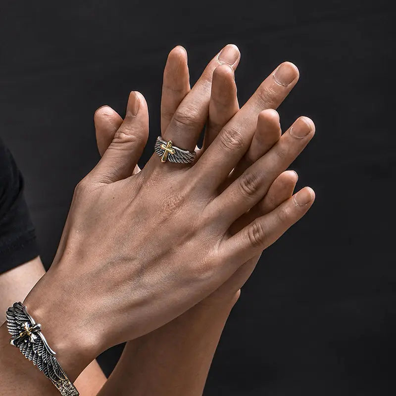 Retro Cross Feather Graffiti Ring For Men Punk Gothic Adjustable Ring Handmade Rock Hiphop Unisex Jewelry Accessories Man Gift