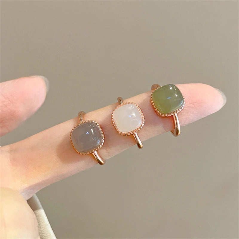 Fashion Vintage Square Imitation Jade Rings For Woman Chinese Style Simple Geometric Adjustable Finger Ring Party Jewelry Gifts