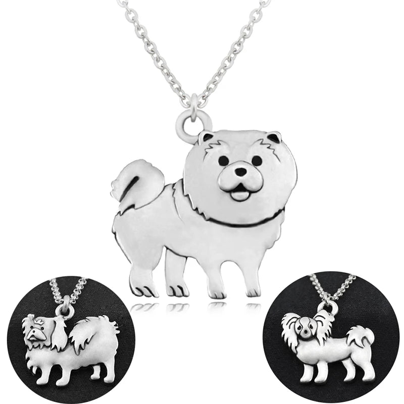 Retro Silver Color Chow Chow&Papillon Pendant Necklace Women Stainless Steel Long Chains Pekingese Dog Necklaces For Men Jewelry