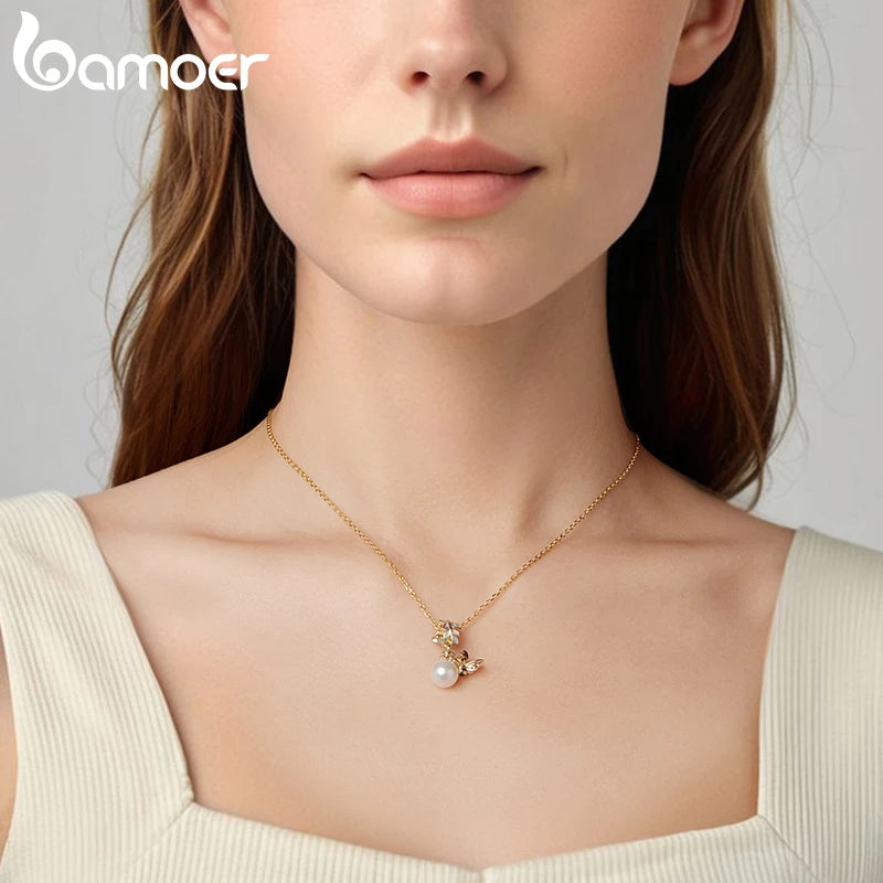 Bamoer 925 Sterling Silver Autumn Gold Leaves Charms Lucky Four-Leaf Clover Spinning Pendant for Women Bracelet DIY Jewelry Gift