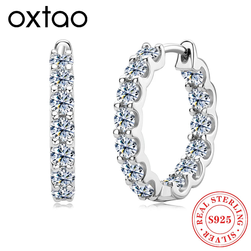 OXTAO 100% Sterling 925 Silver Row Inlaid Round Cut 3mm 2.6CT Moissanite Fashion Jewelry Hoop Earrings For Women