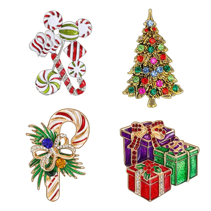 Christmas Colorful Enamel Brooches for Women Unisex Rhinestone Xmas Tree Gift Box Candy Rod Crutch Brooch Pins Party Jewelry