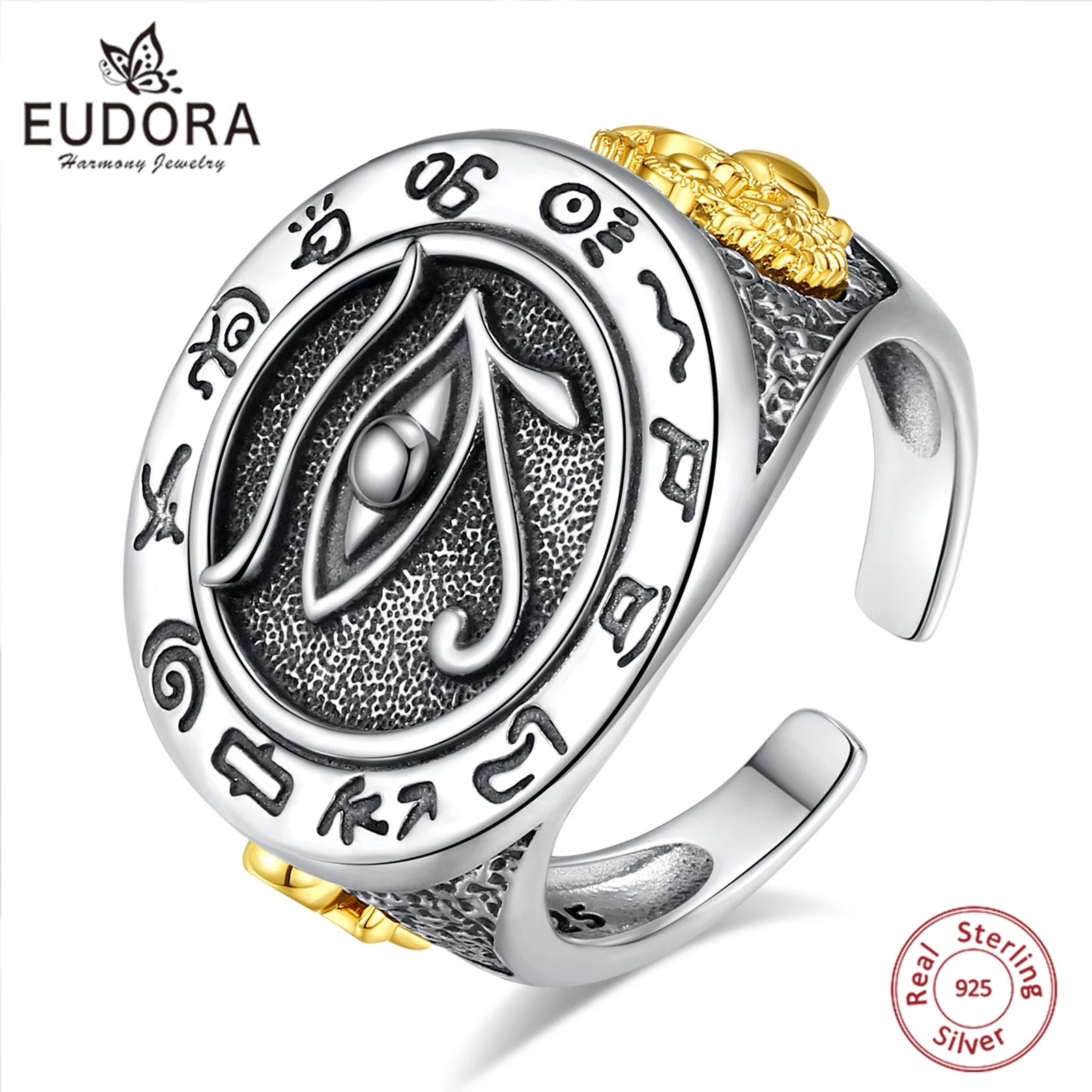 Bague ajustable Eudora en argent sterling 925 avec symbole du mauvais œil pour homme et femme, style vintage, runes, croix Ankh, amulette, bijou égyptien, cadeau