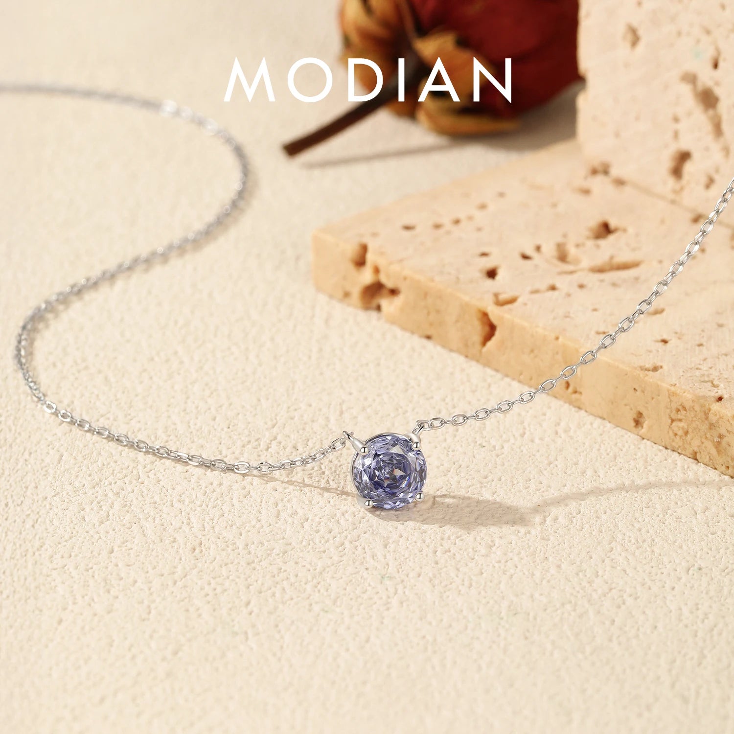 MODIAN 925 Sterling Silver Fashion Sparkling Round Rose Cut Tanzanite Color CZ Pendant Necklaces For Women Fine Jewelry