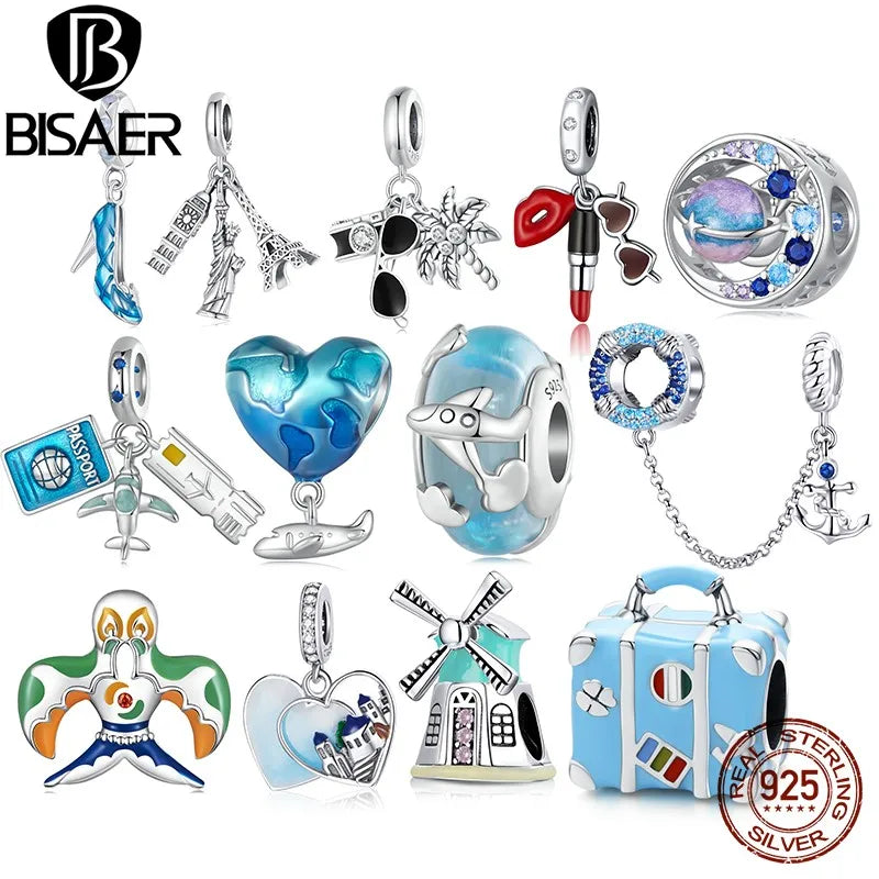 Breloque en argent sterling 925 BISAER pour vacances d'été, perles rouges à lèvres, lunettes de soleil, talons hauts, pendentif avion, convient aux bracelets DIY pour femmes