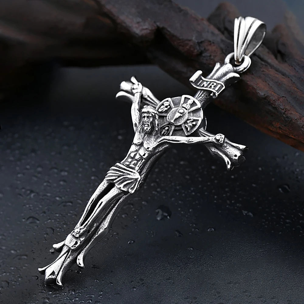 New Vintage Jesus Cross Pendant Necklace For Men Stainless Steel Punk Cross Religious Necklaces Fashion Amulet Jewelry Wholesale