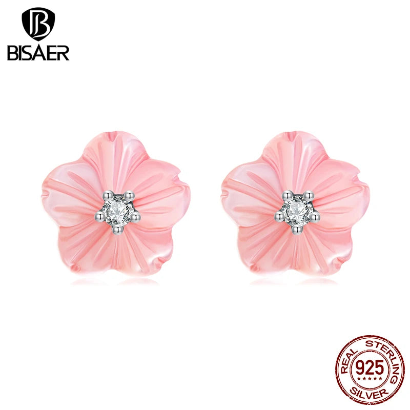 BISAER 925 Sterling Silver Sakura Pink Shell Stud Earrings Flower Hypoallergenic Stud Ear for Women Party Fine Jewelry EFE1190