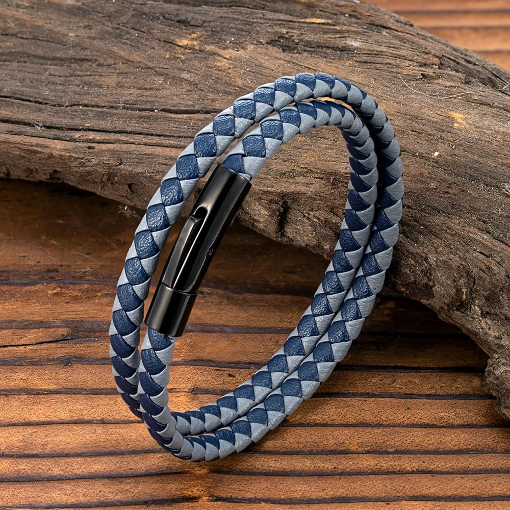 MKENDN Classic Simple Blue Black Braided Leather Bracelet Men Women Handmade Woven Double-Layer Design Stainless Steel Jewelry