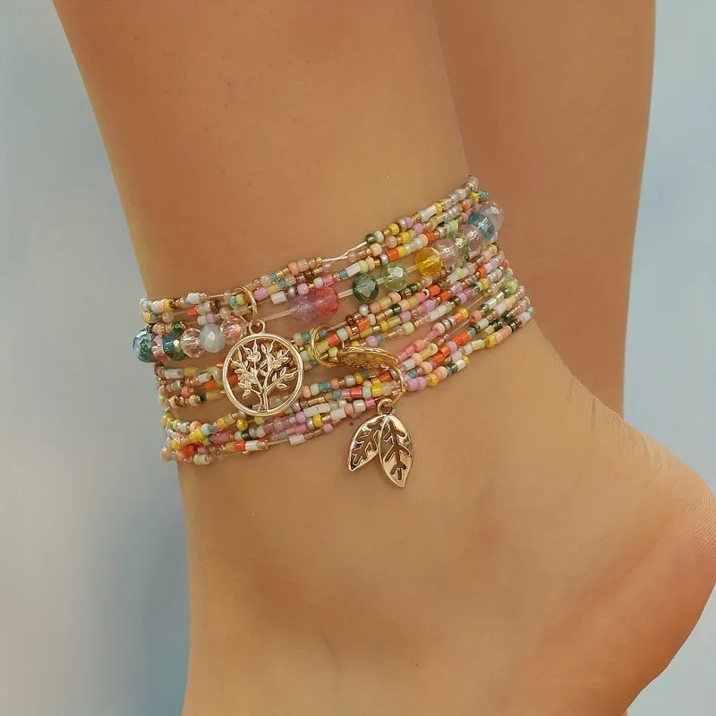 13pcs Boho Beaded Anklet Set with Tree Leaf Charms Adjustable Colorful Beads for Women Perfect for Parties Vacations - Madeinsea©