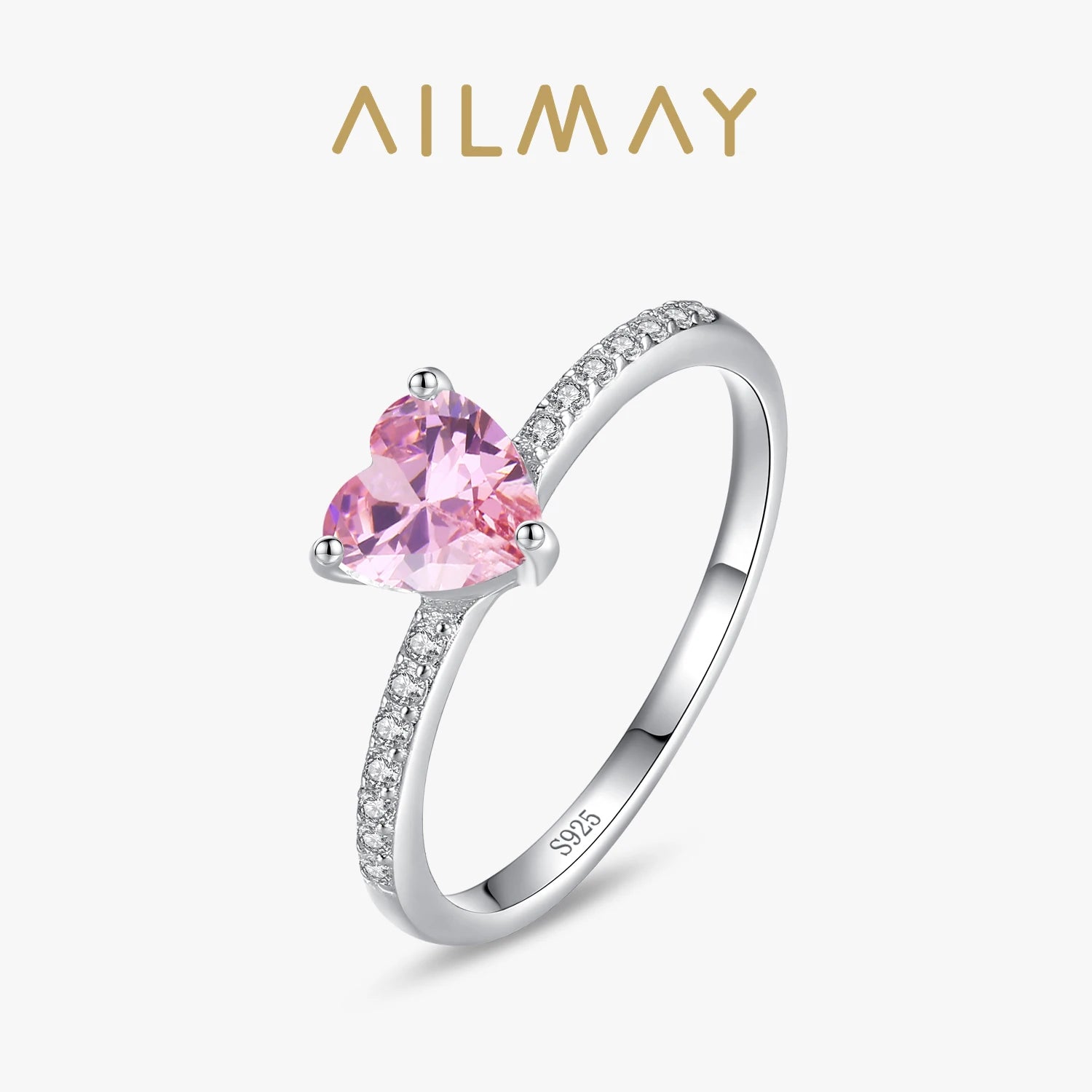 Ailmay 925 Sterling Silver Sparkling Romantic Pink Heart Clear CZ Finger Rings For Women Trendy Wedding Accessories Jewelry Gift