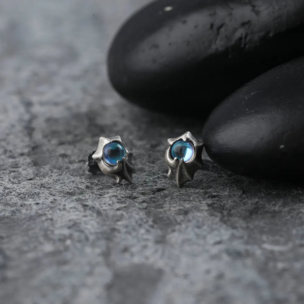 MKENDN 100% 925 Sterling Silver Earrings Men Women Vintage Dragon Wings Stud Earrings With Light Blue Stone Personality Jewelry