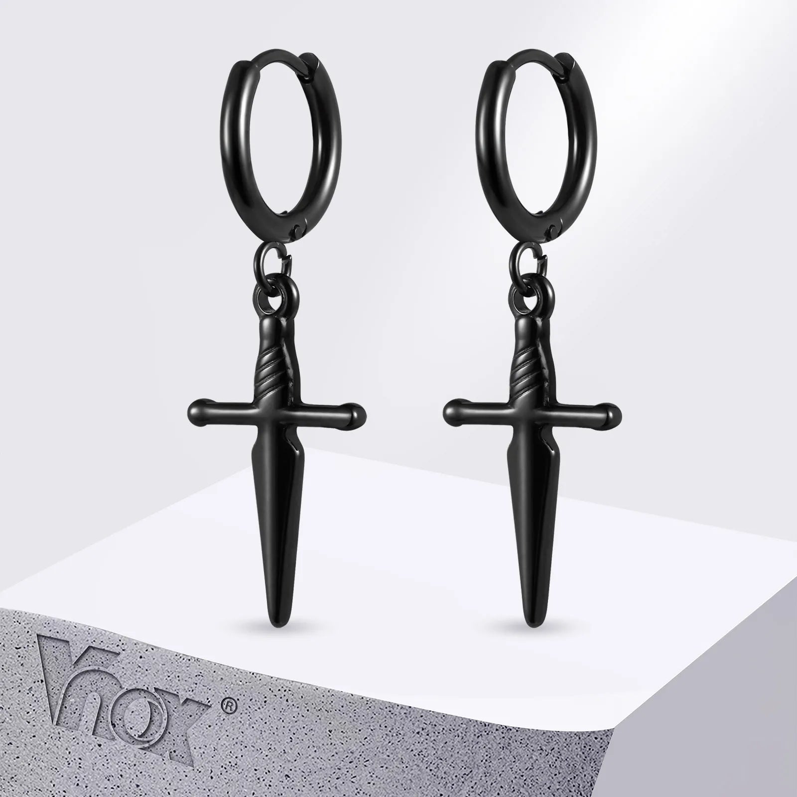 Vnox Gothic Dagger Sword Dangle Drop Earrings for Men Boys, Minimalist Stainless Steel Hoops,Hypoallergenic Fashion Jewelry
