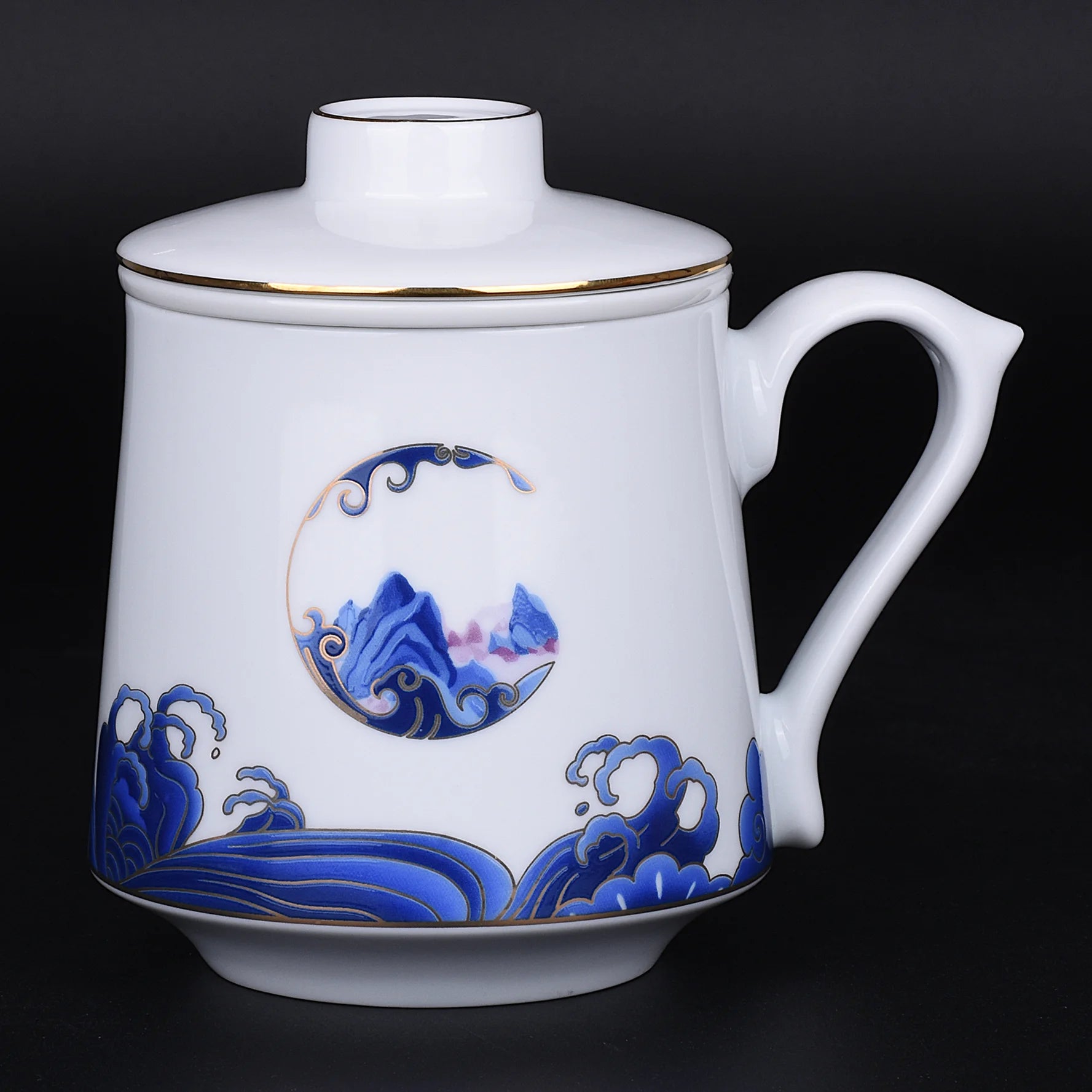 LIANHUA POTTERY Linglong Porcelain Mug with Tea Strainer Handcrafted Pierced Golden Koi and Blue Wave Cup Luxury Anniversar Gift
