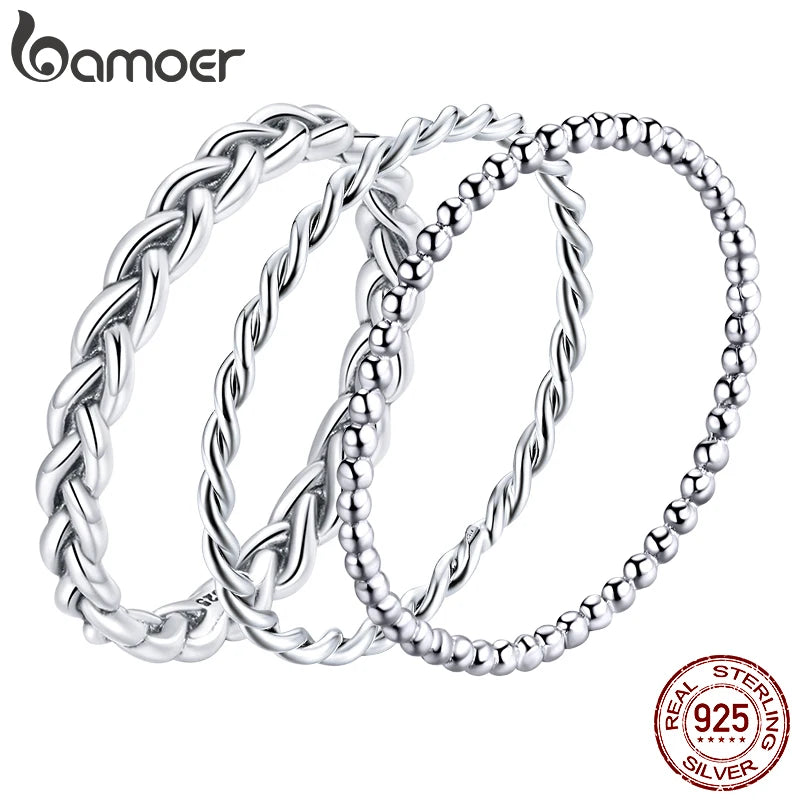 BAMOER 925 Sterling Silver Braided Texture Twisted Eternity Band Stackable Rings Fine Jewelry BSR161