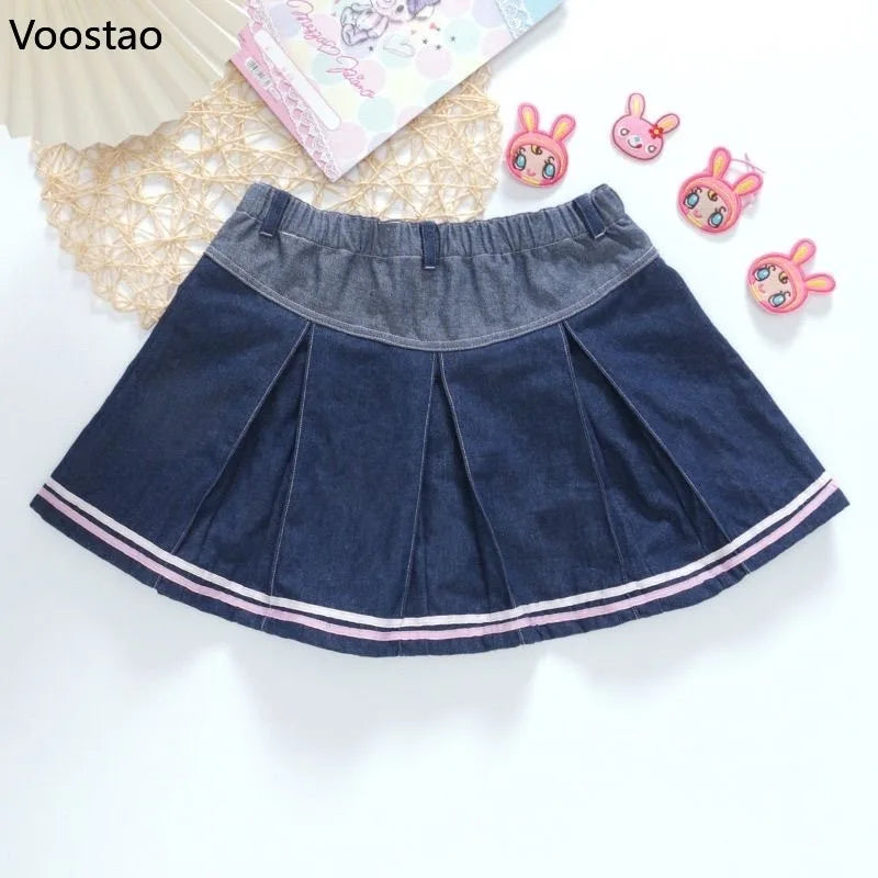 Kawaii Japanese Lolita Style Denim Pleated Skirt Women Sweet Cartoon Rabbit Embroidery Short Skirts Korean Y2k Cute Mini Skirts