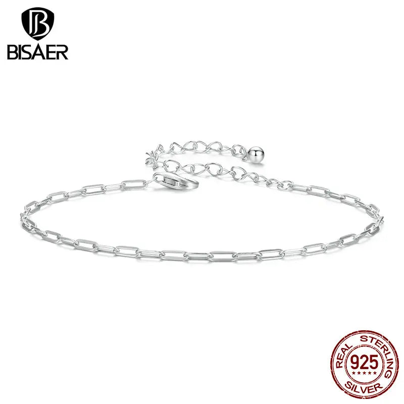 BISAER Bracelet carré simple en argent sterling 925 avec chaîne réglable plaquée or blanc pour femme, bijoux fins de fête, cadeau ECB286