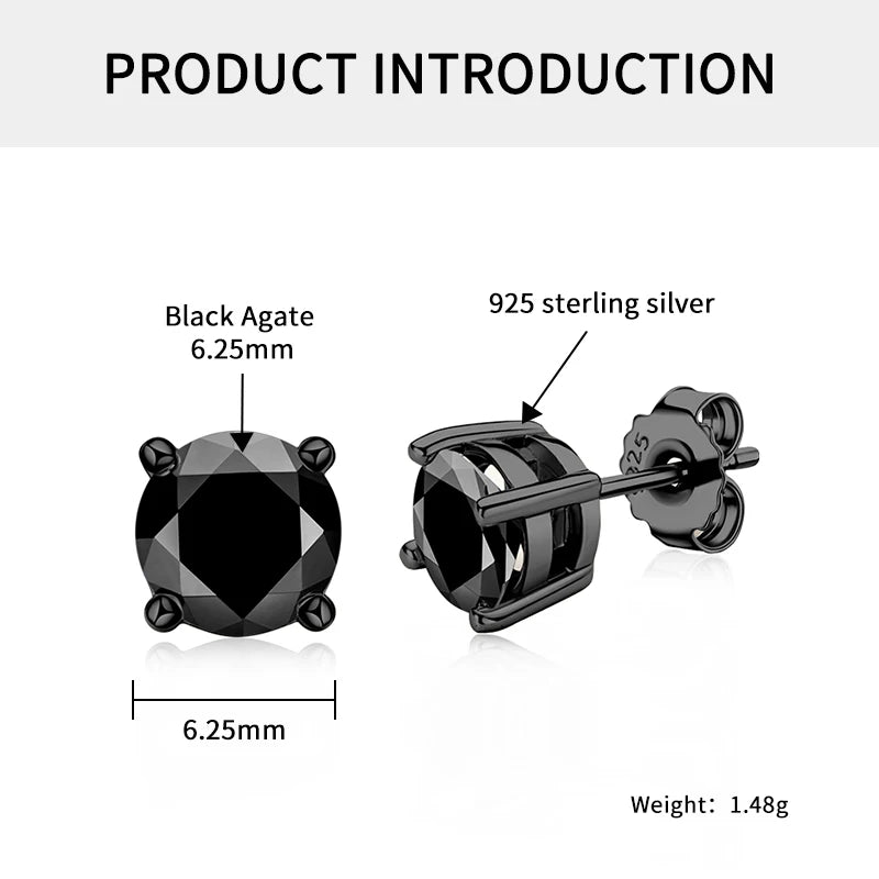 6.25mm Round Natural Black Agate Earrings 925 Sterling Silver Fashion Casual Men Women Simple Ear Stud for Party Gemstone Gift
