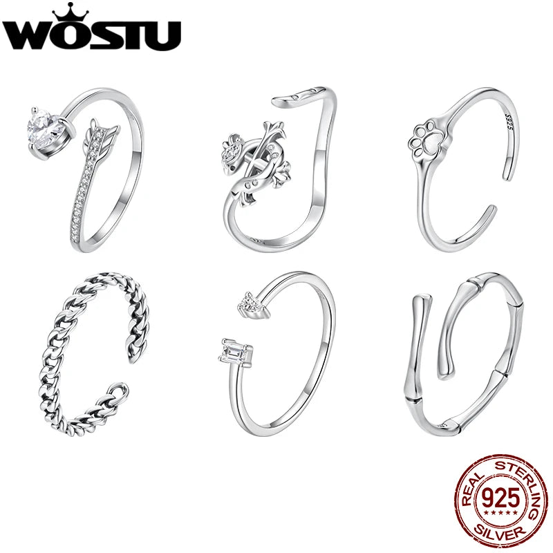 WOSTU Real 925 Sterling Silver Stacking Open Rings Simple Heart Pet Paw Cross Snake Adjustable Rings Party Holiday Jewelry Gift