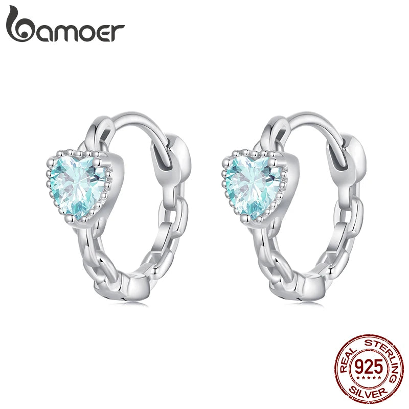 BAMOER 925 Sterling Silber Eingelegte blaue CZ Geometrische Herz Ohrstecker Leichter Luxus Reifer Glamour Frauen Schmuck Zubehör