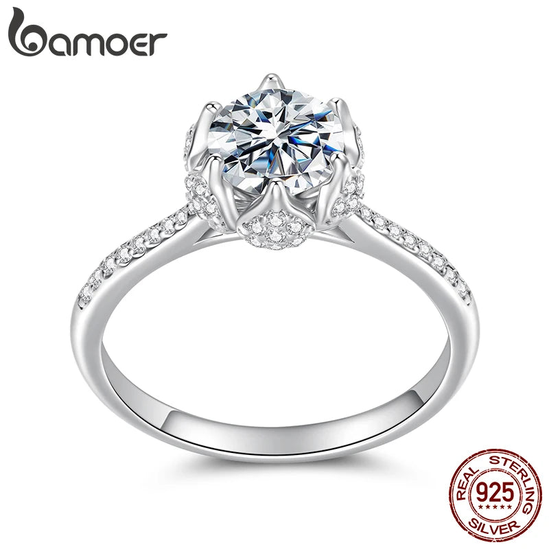 Bamoer 1CT Moissanite Flower Bud Ring Channel Set 925 Sterling Silver for Women Wedding Jewelry Gift D Color VVS1 EX Lab Diamond