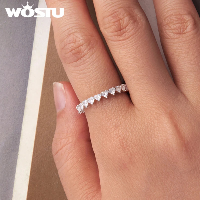 WOSTU 925 Sterling Silver Sparkling Heart Band Ring Single Side Ring Zircon White Gold for Women Wife Anniversary Fine Jewelry