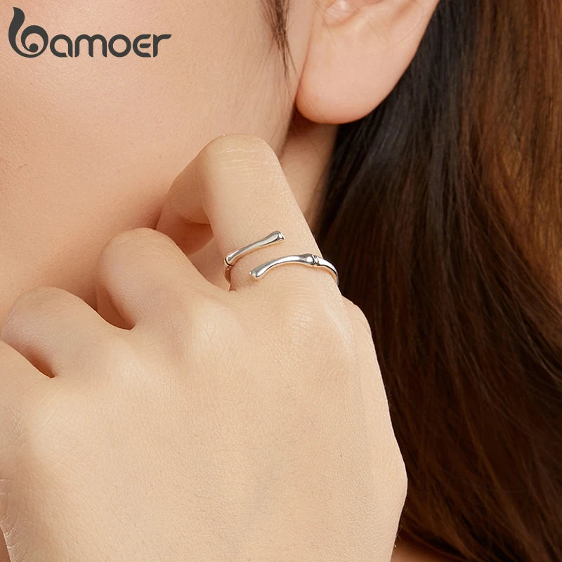 BAMOER Ring aus massivem 925er Sterlingsilber im Bambus-Knochen-Stil für Damen und Herren, klassischer minimalistischer Cocktailring mit offener Gliederung SCR1124-E