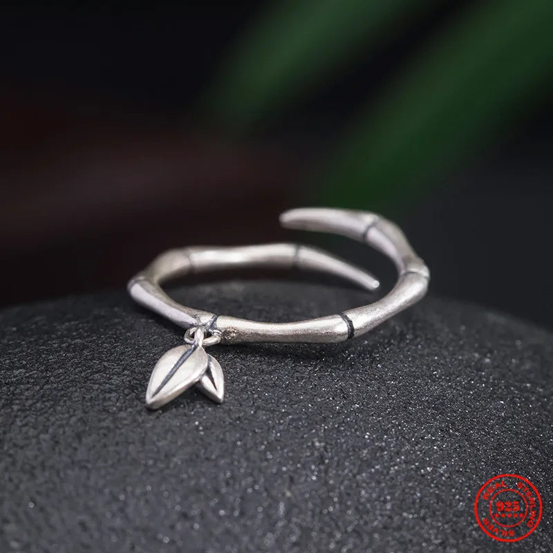 MKENDN Vintage Unique 925 Sterling Silver Bamboo Leaf Ring For Men and Women Gothic Street Rock Punk Jewelry