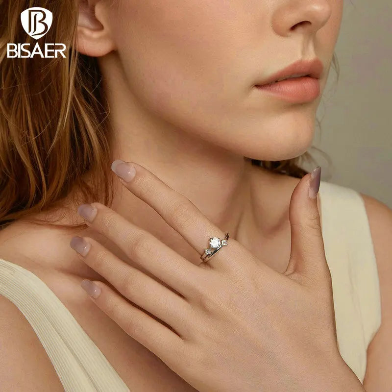 Bague double scintillante en argent sterling 925 BISAER avec bande en zircon scintillant plaquée or blanc pour femme, bijoux fins pour fête et mariage