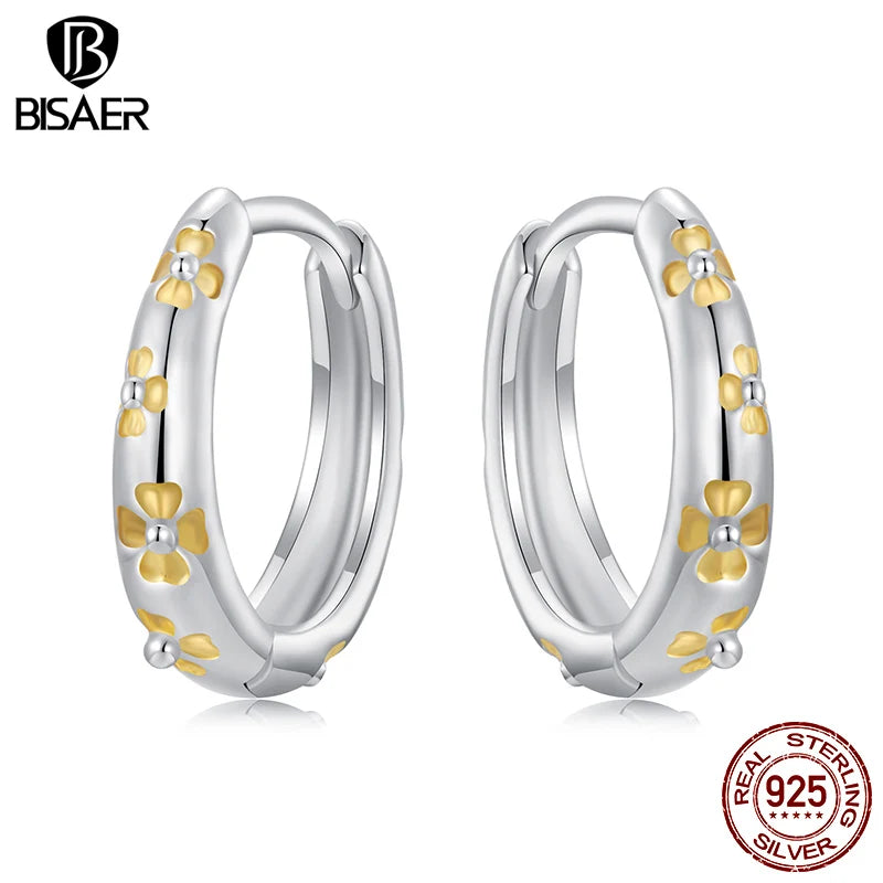 BISAER 925 Sterling Silber Glücksklee-Creolen Zweifarbige Ohrstecker Vergoldet für Frauen Party Edler Schmuck