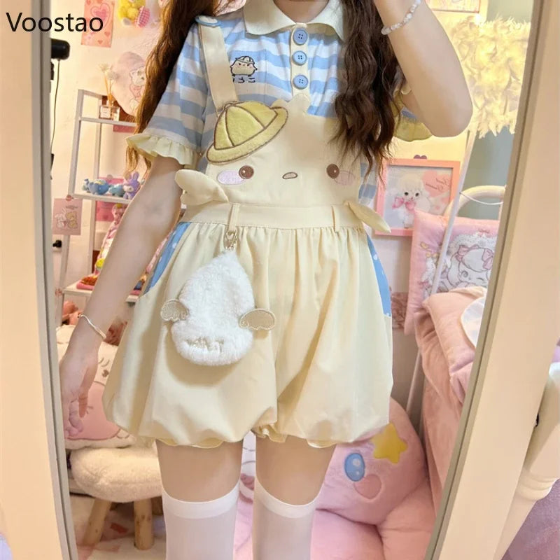 Sweet Lolita Style Shorts Women Casual Kawaii Cartoon Embroidery Overalls Short Pants Japanese Girls Cute Party Bloomers Shorts