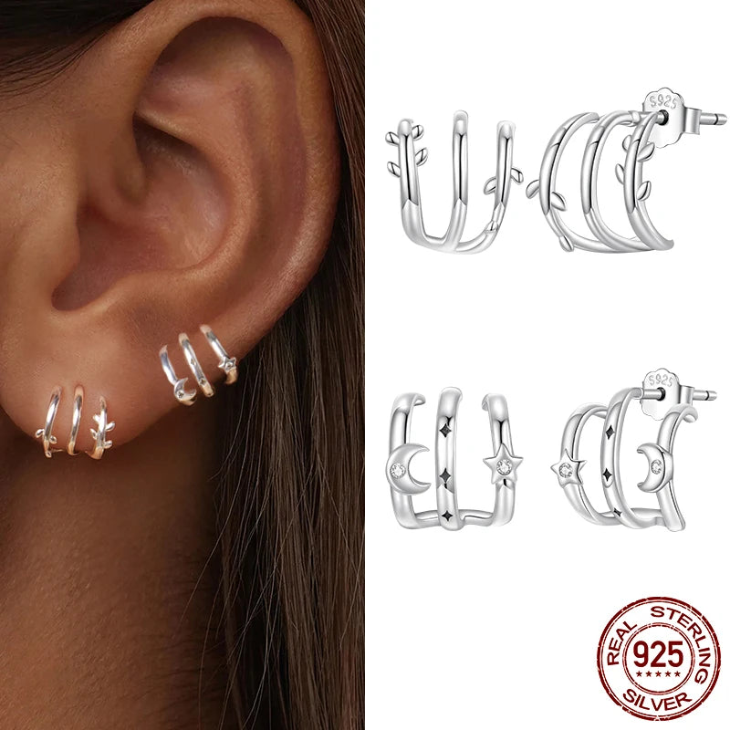 WOSTU 925 Sterling Silver Multi layer Leaves Stud Earrings Moon Star Zircon Ear Studs For Women Party Stacking Jewelry Girl Gift