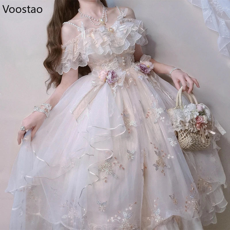 Victorian Retro Lolita Jsk Dress Japanese Women Sweet Lace Floral Embr