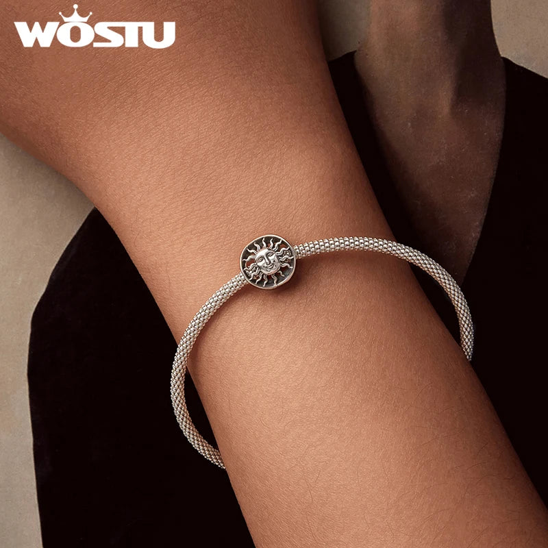 WOSTU Solid Vintage 925 Sterling Silver Sun God Pendant Charm Retro Hollow Beads fit Bracelet DIY Jewelry Anniversary Gift