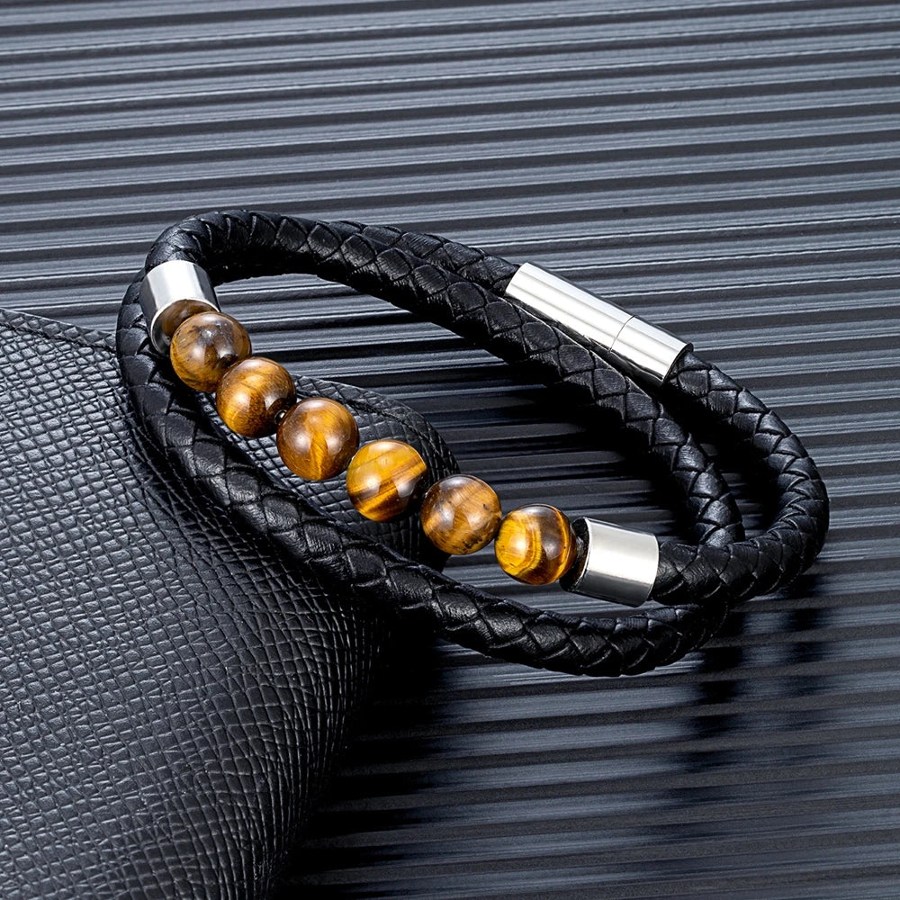 MKENDN Fashion Mens Double Strand Bead Leather Bracelet Natural Tiger Eye Bead Steel and Leather Bracelet for Men Dad Son Gift
