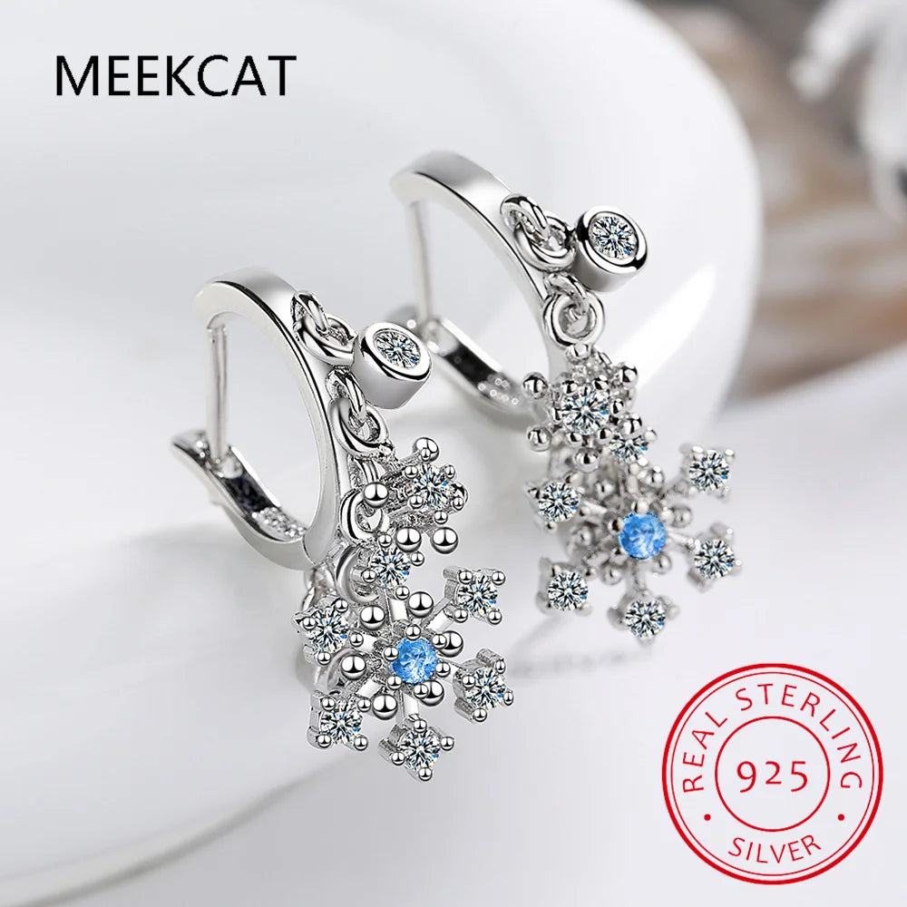 925 Sterling Silver Snowflake Ear Buckles Luxury Zircon Hoop Earrings Oorbellen for Women Engagement Wedding Fine Jewelry Gift