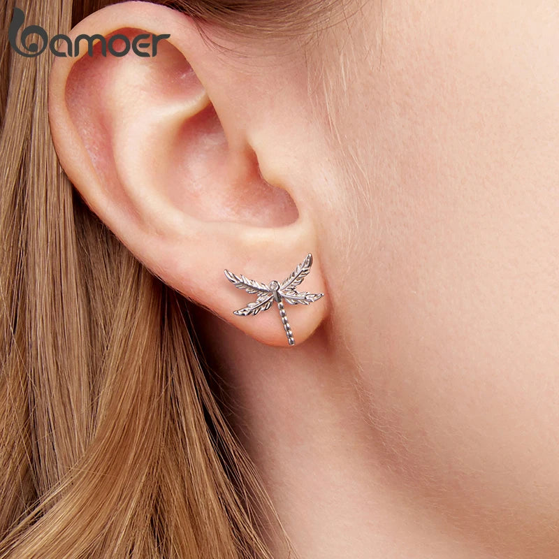 BAMOER 925 Sterling Silver Dragonfly Stud Earrings Retro Inset Cross Feather Wings CZ Earrings For Women Girl Cute Daily Jewelry