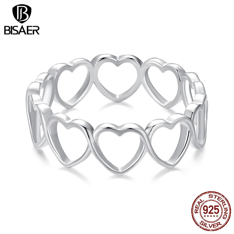 BISAER 925 Sterling Silber Höhlte Herz Ring Minimalismus Finger Band für Frauen Liebhaber Hochzeit Partei Edlen Schmuck ECR1084