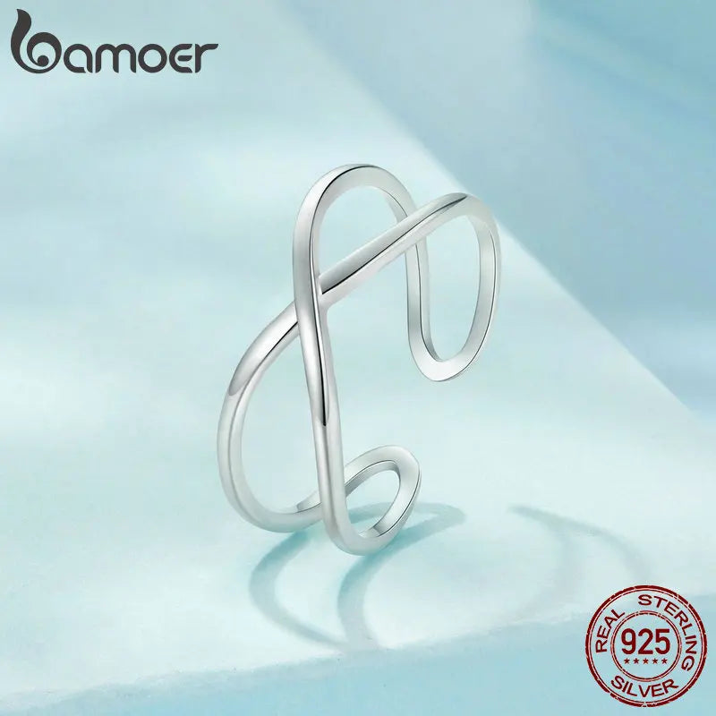 BAMOER Massiver 925 Sterling Silber X Ring Criss Cross Ring, verstellbare stapelbare Ringe für Frauen Ehefrau Jubiläumsband SCR1064-E