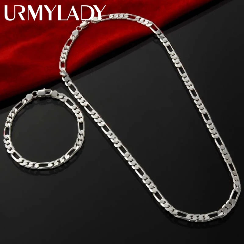 Ensemble de bijoux nobles en argent sterling 925 avec chaîne de 4 mm pour hommes et femmes, bracelet, collier, cadeaux de Noël, breloques, mariage
