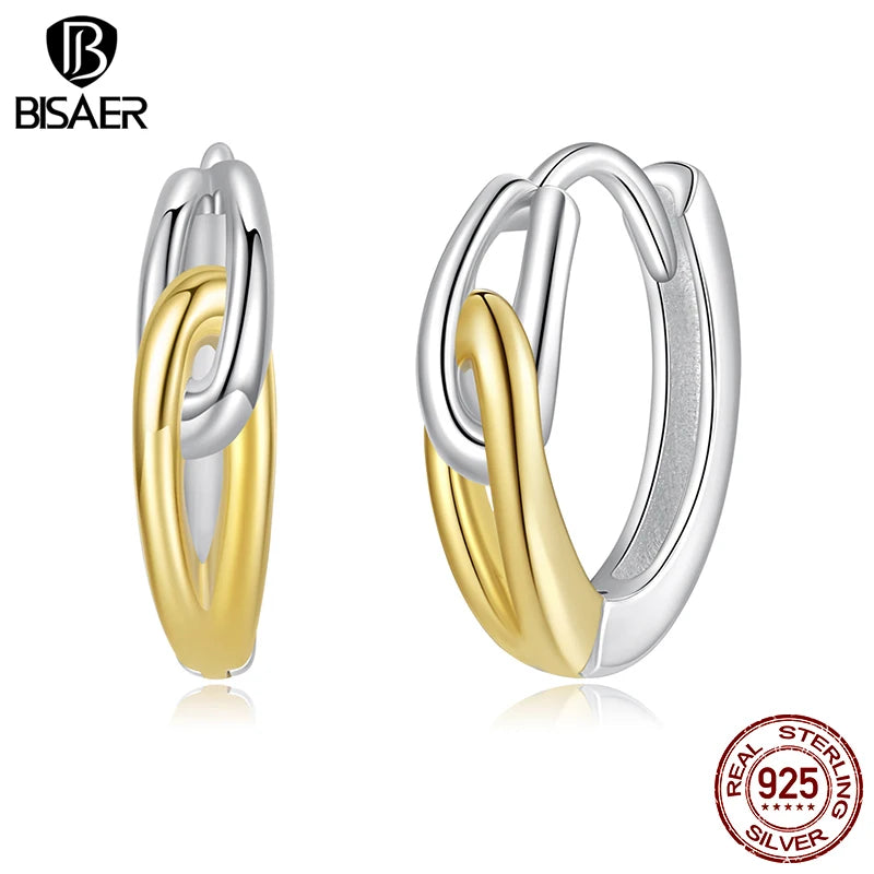 BISAER 925 Sterling Silver Double Ring Hoop Earrings Two-tones Huggie Earrings Plated 14K Gold For OL Women Party Fine Jewelry