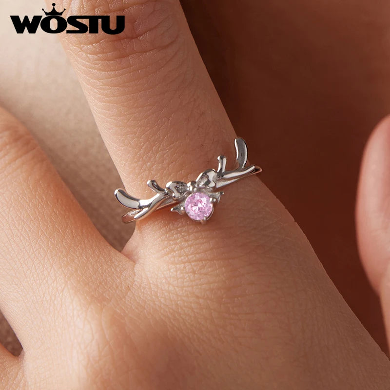 WOSTU 925 Sterling Silver Pink Crystal Christmas Reindeer Ring with Bow For Women, Sweet Xmas Jewelry Gift Stackable Rings