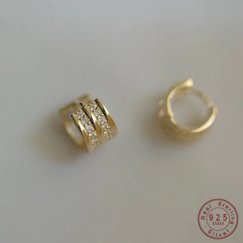 925 Sterling Silber plattiert 14K Gold Glänzende zweireihige Zirkon Ohrringe für Frauen Hochwertiger stilvoller schlichter Schmuck